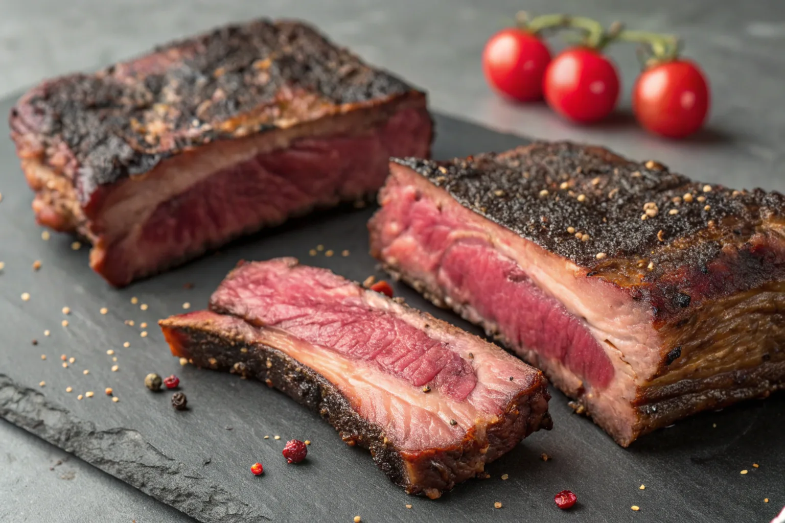 A close-up view of tender, oven-baked beef back ribs glazed with a rich BBQ sauce, garnished with fresh herbs, served on a rustic wooden platter.