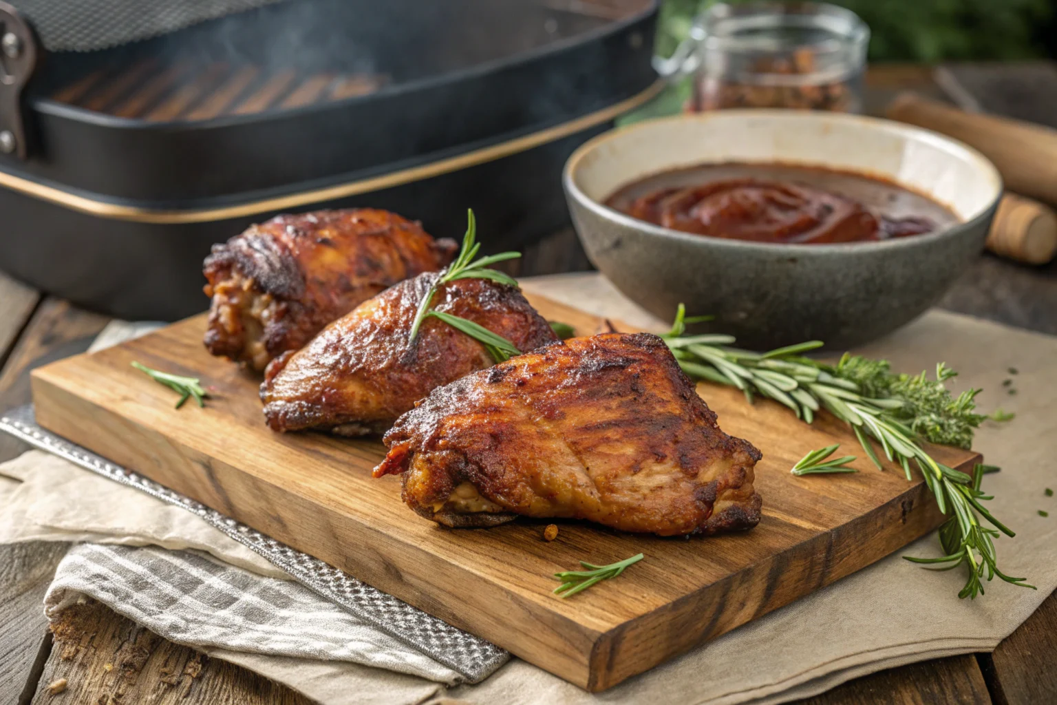 Juicy smoked chicken thighs with crispy, caramelized skin, garnished with fresh herbs on a rustic wooden cutting board.