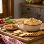 Classic southern-style picnic table with a spread of pimento cheese, sandwiches, fresh fruit, and a glass of iced tea on a sunny day.