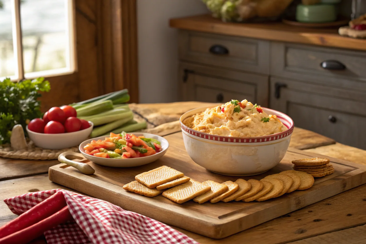 Classic southern-style picnic table with a spread of pimento cheese, sandwiches, fresh fruit, and a glass of iced tea on a sunny day.