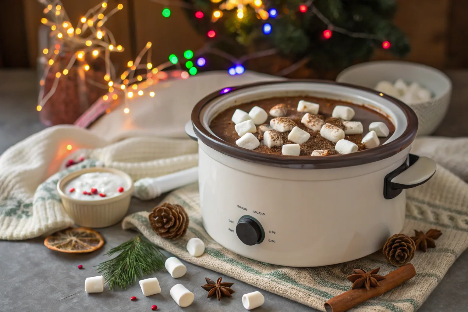 A steaming mug of creamy Crock Pot Hot Chocolate topped with whipped cream and chocolate shavings, placed on a rustic wooden table.