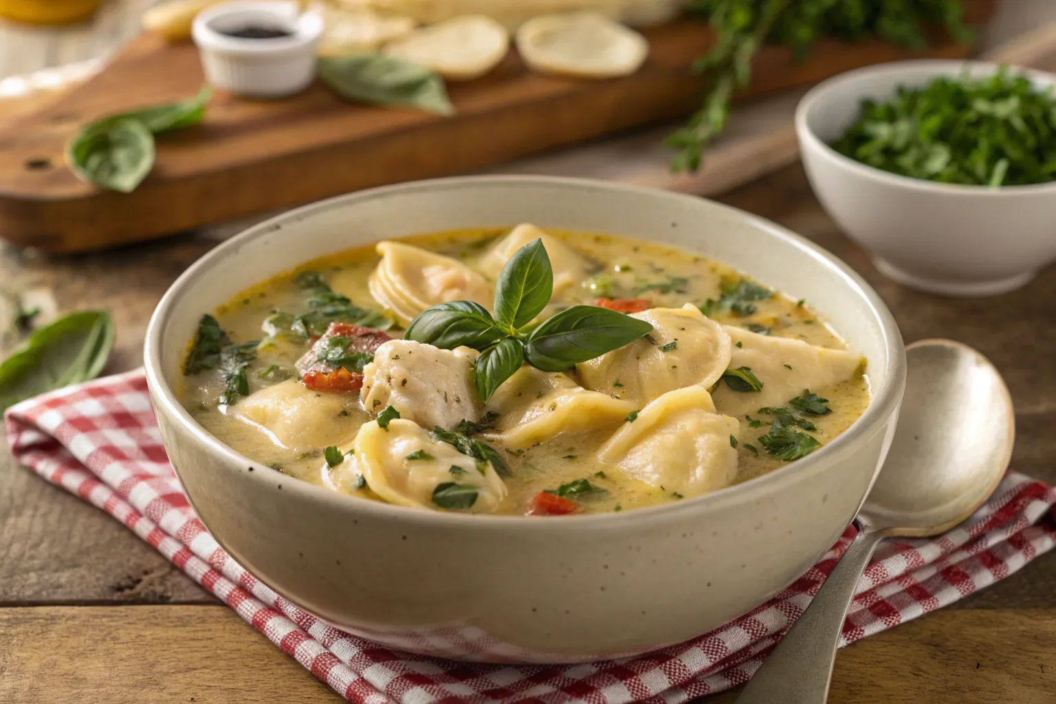 Bowl of creamy chicken tortellini soup garnished with fresh herbs.