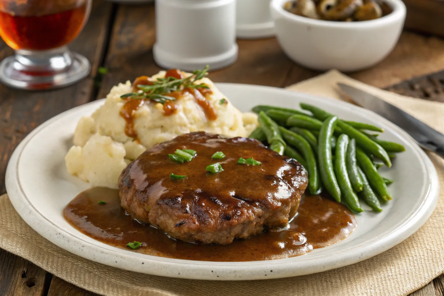 A plate of Banquet Salisbury Steak served with mashed potatoes, green beans, and rich brown gravy.