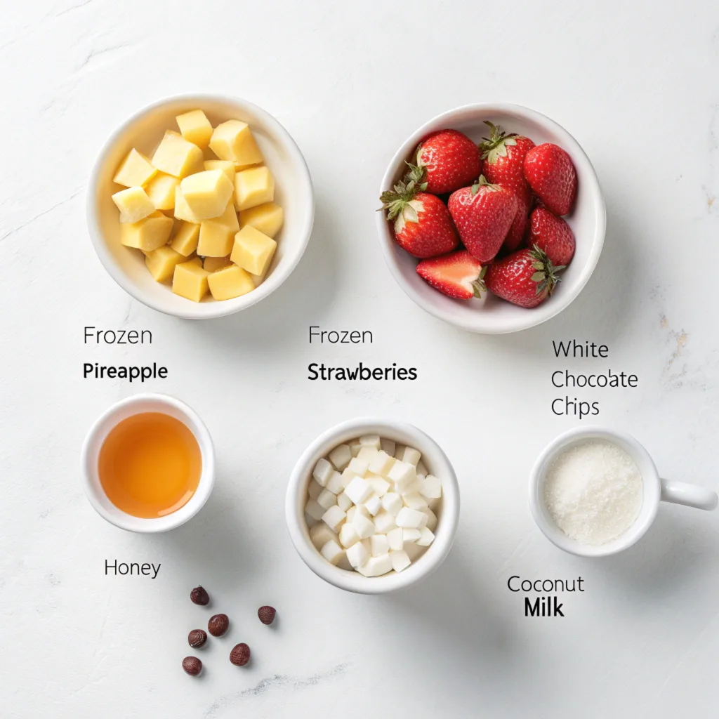 high-angle--bird-s-eye-view-of-various-ingredients Bahama Mama Tropical Smoothie, A refreshing Bahamas Mama smoothie from Tropical Smoothie Cafe in a tall glass, topped with fresh pineapple, strawberries, coconut flakes, and a drizzle of white chocolate.