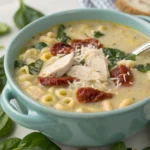 Bowl of creamy Tuscan chicken soup with spinach and sun-dried tomatoes