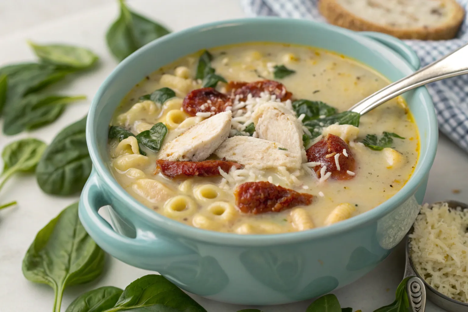 Bowl of creamy Tuscan chicken soup with spinach and sun-dried tomatoes