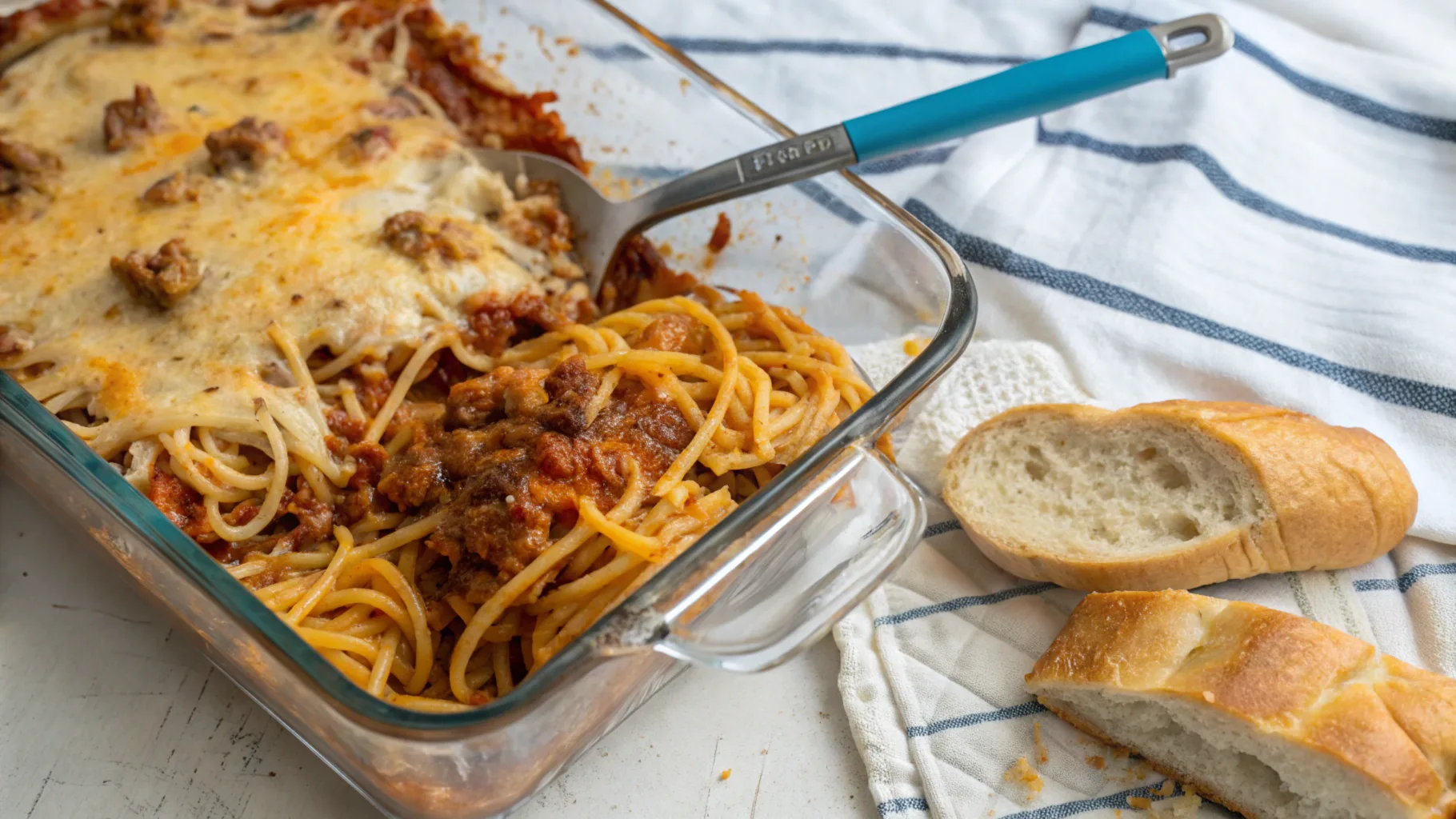 Golden, cheesy spaghetti casserole fresh out of the oven