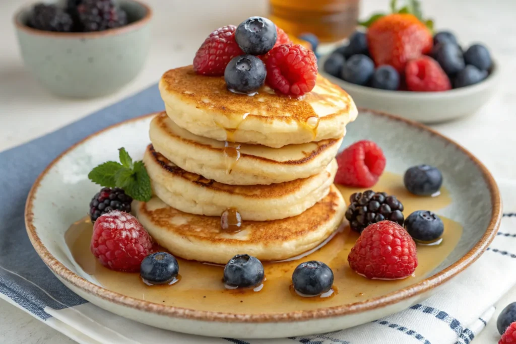 Close-up of mini pancakes sizzling on a griddle with batter drops in the background.