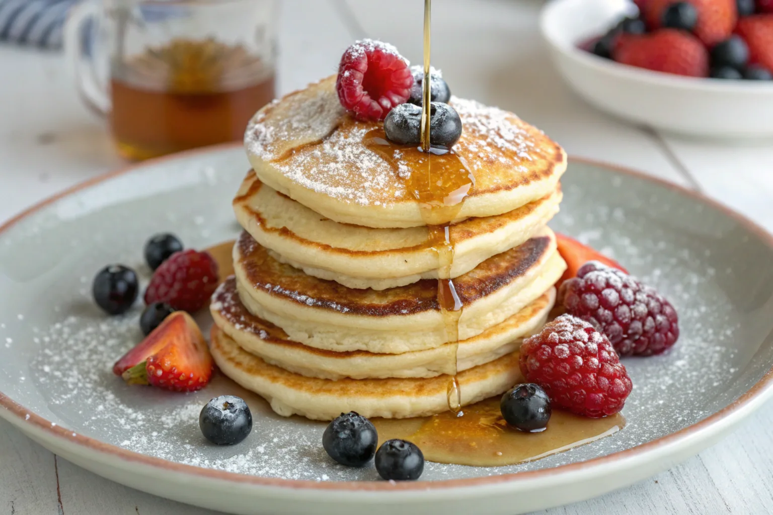 Golden-brown mini pancakes stacked on a plate with fresh strawberries and a drizzle of maple syrup.