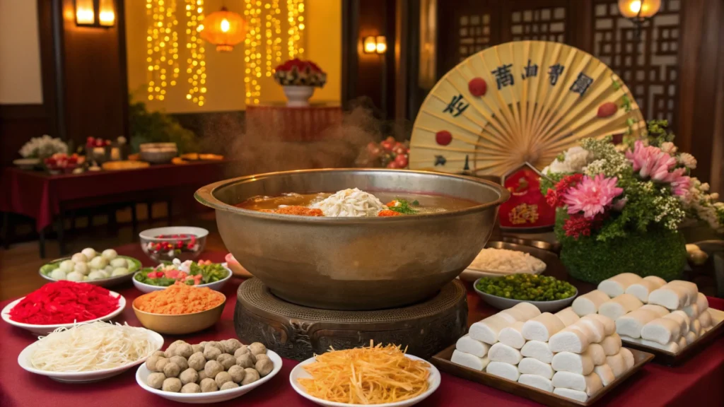 Hwachae in a festive punch bowl, surrounded by traditional Korean dishes and decorations, evoking a celebratory atmosphere.
