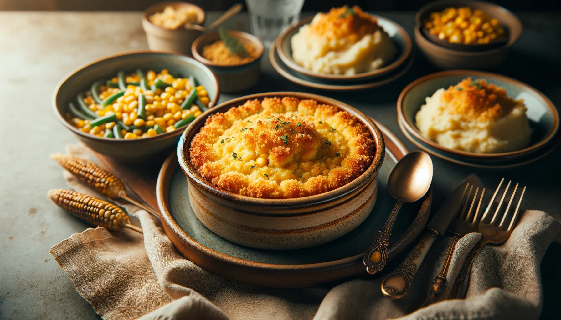 A beautifully styled table featuring corn pudding and scalloped corn dishes, highlighting what's the difference between corn pudding and scalloped corn, surrounded by traditional American side dishes.