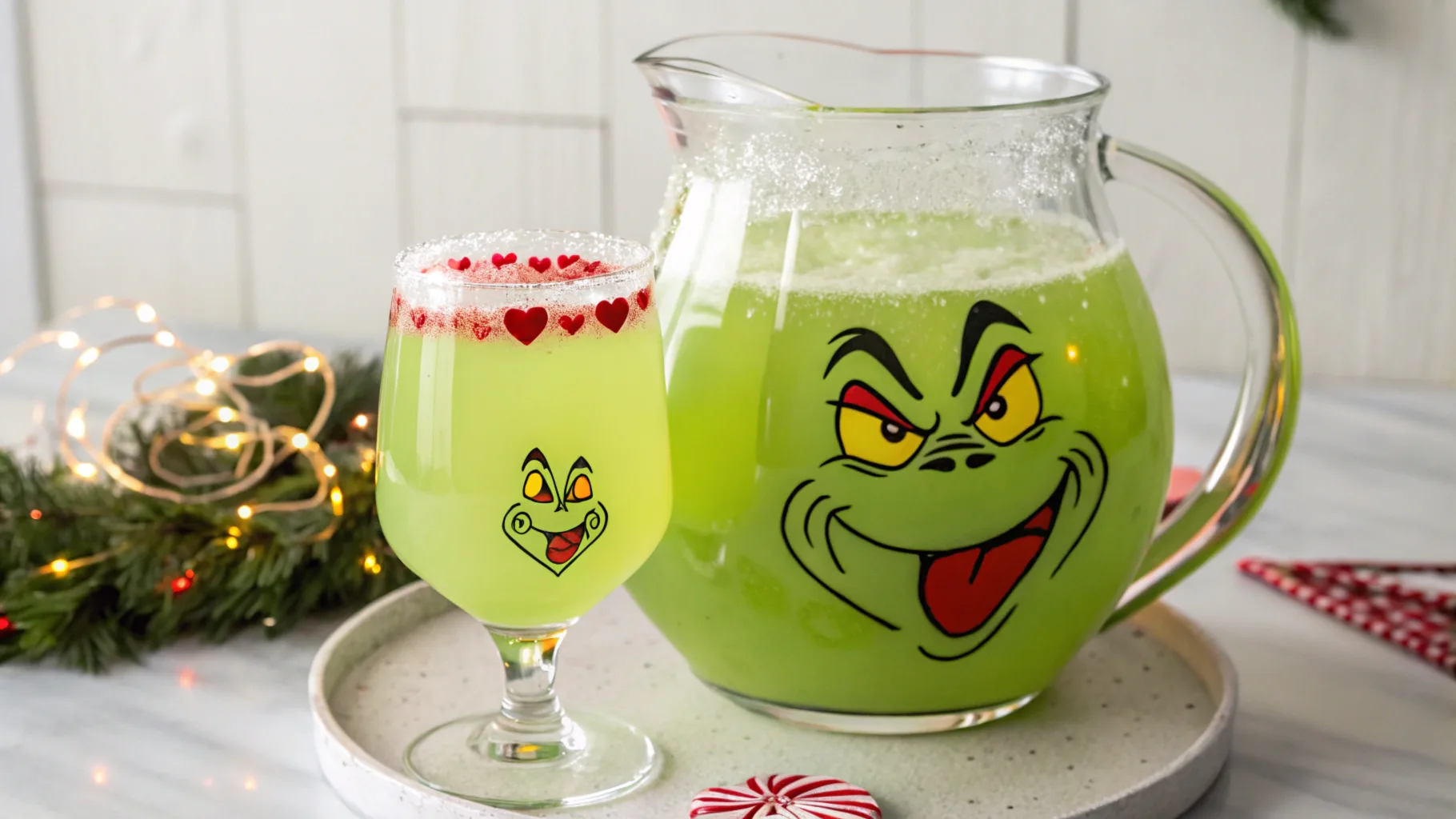 Bright green Grinch Punch in a clear punch bowl with lime sherbet and red sugar rimmed glasses.