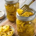 Fresh banana peppers displayed on a rustic wooden table with a basket of mixed vegetables in the background.