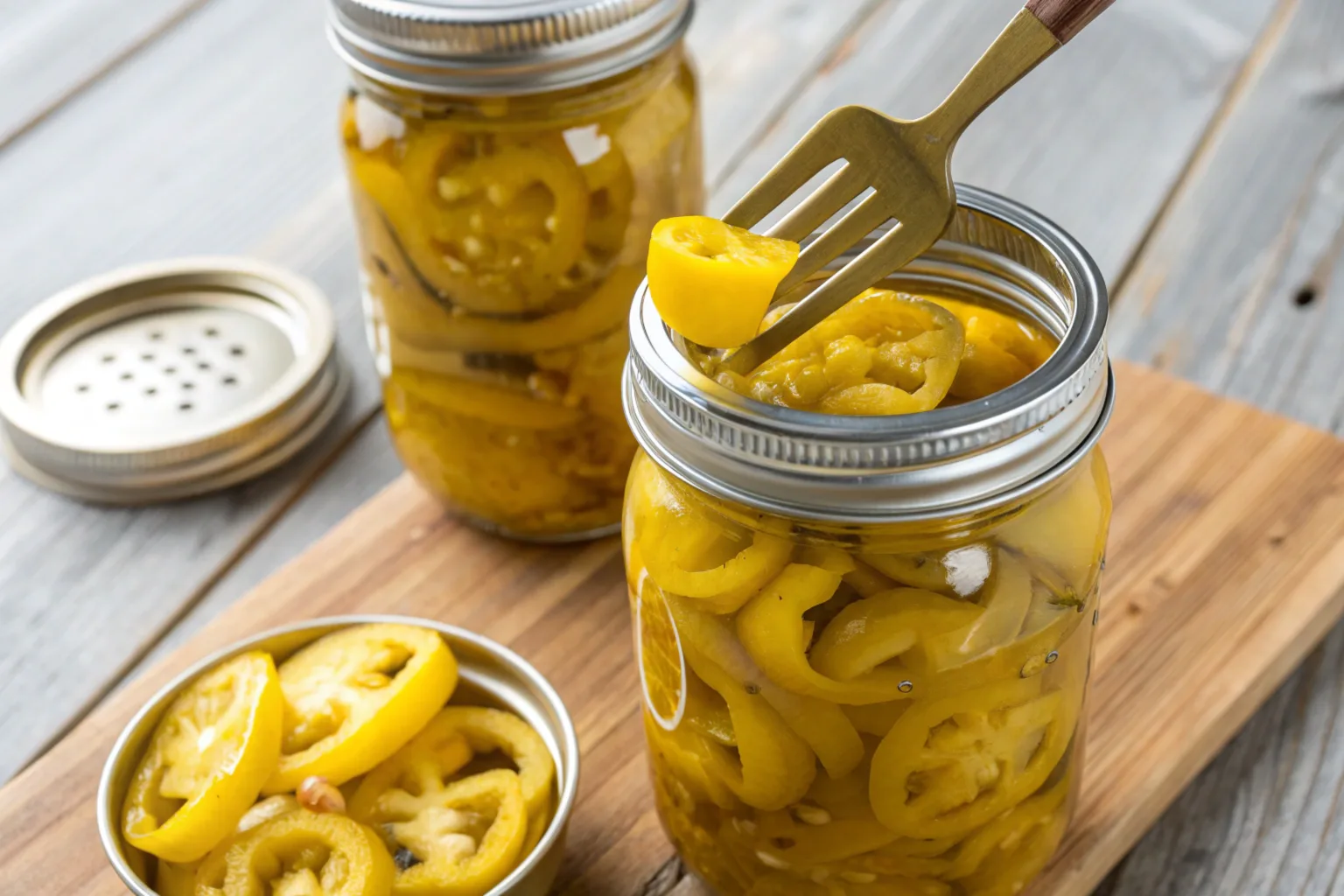 Fresh banana peppers displayed on a rustic wooden table with a basket of mixed vegetables in the background.