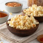 A bowl of freshly popped popcorn surrounded by small bowls of various homemade seasoning ingredients, including cheese powder, herbs, and spices.