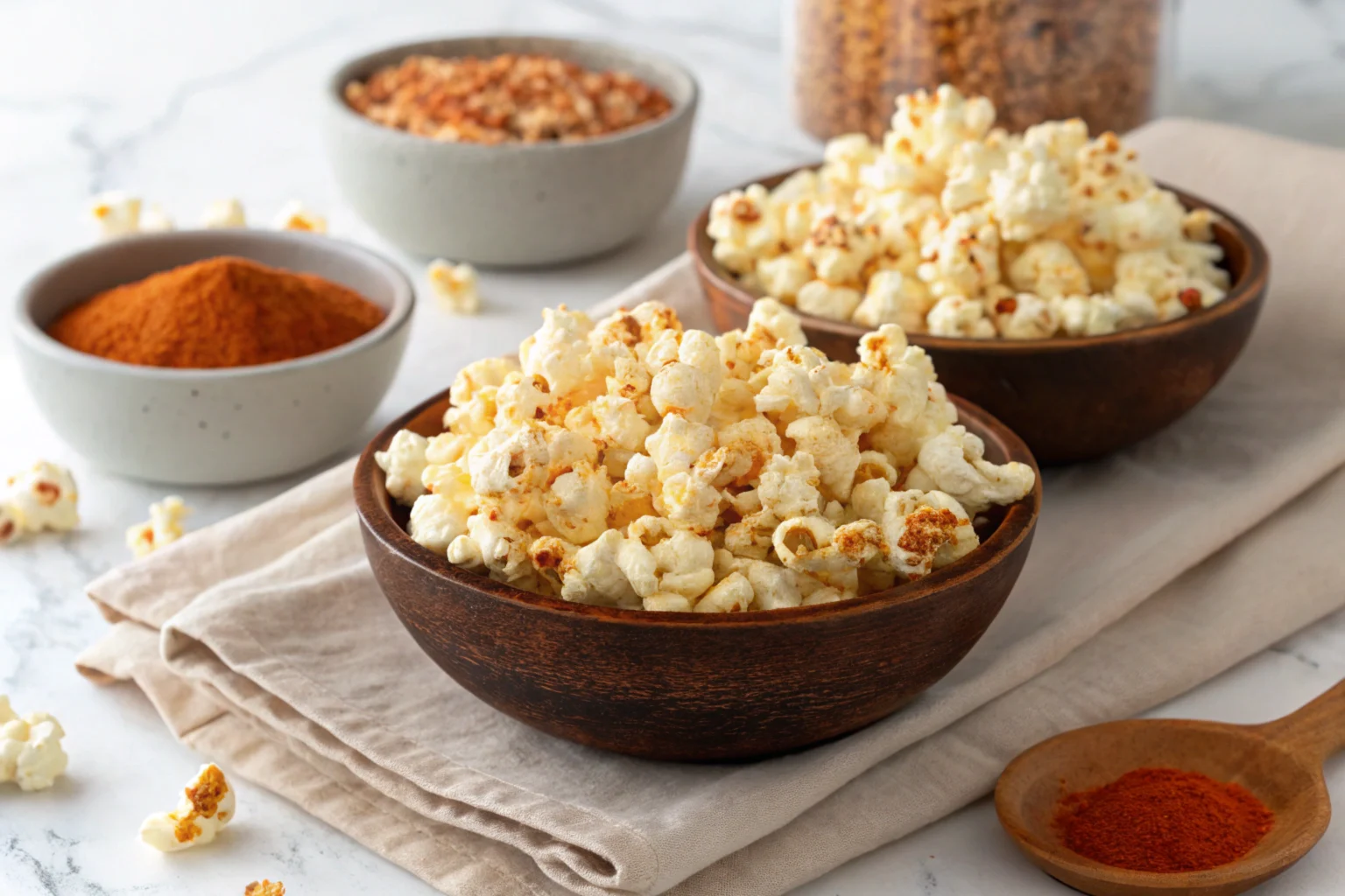 A bowl of freshly popped popcorn surrounded by small bowls of various homemade seasoning ingredients, including cheese powder, herbs, and spices.