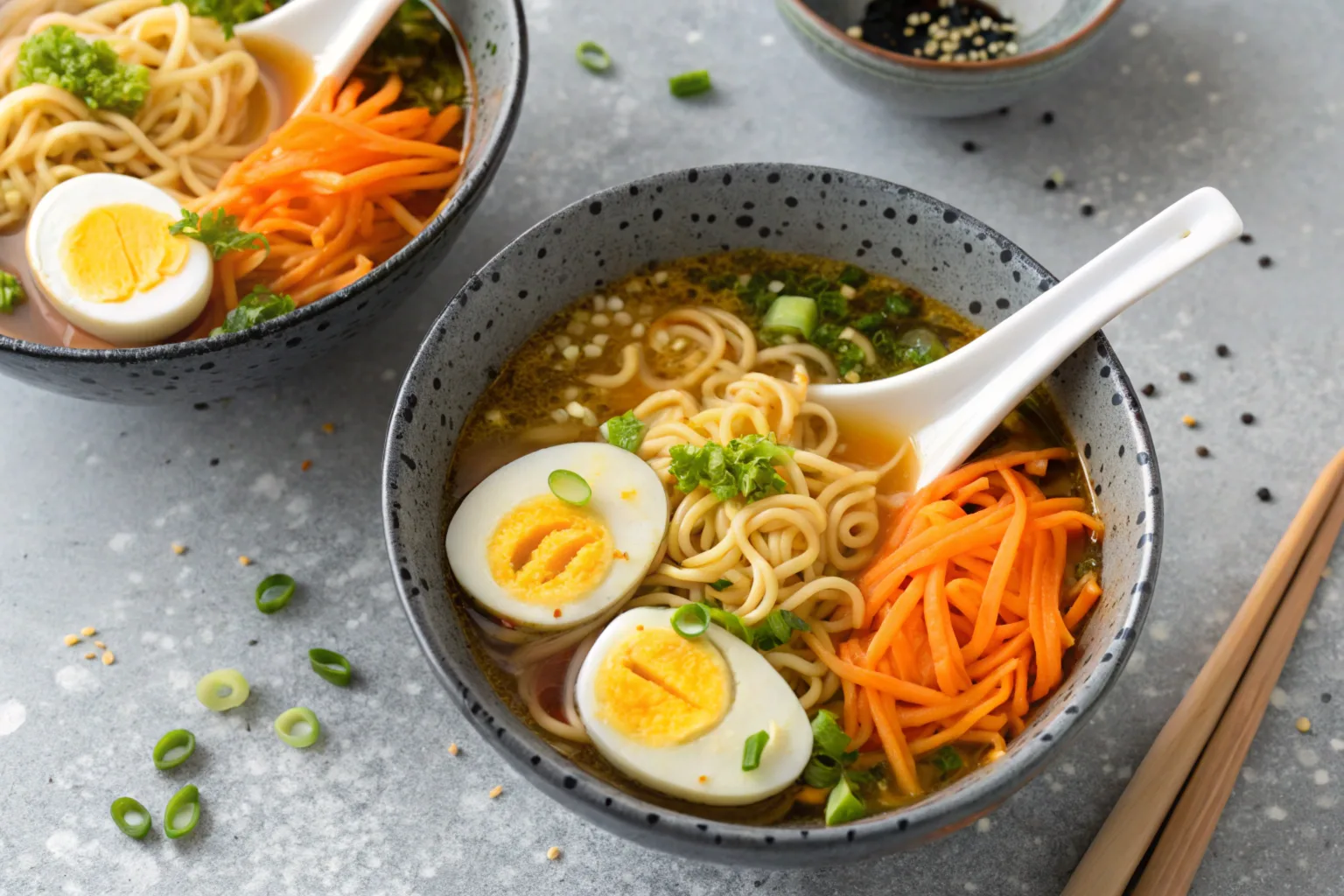 A traditional ceramic ramen bowl filled with miso ramen, topped with sliced pork, green onions, nori, and a soft-boiled egg on a wooden table.