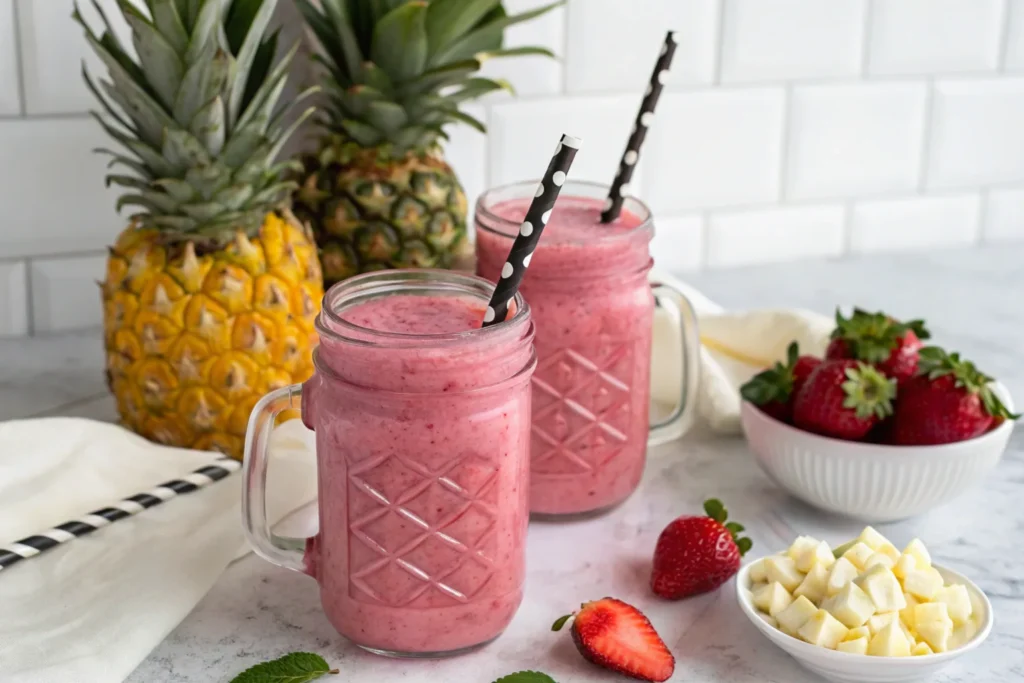 Bahama Mama Tropical Smoothie. A refreshing Bahamas Mama smoothie from Tropical Smoothie Cafe in a tall glass, topped with fresh pineapple, strawberries, coconut flakes, and a drizzle of white chocolate.