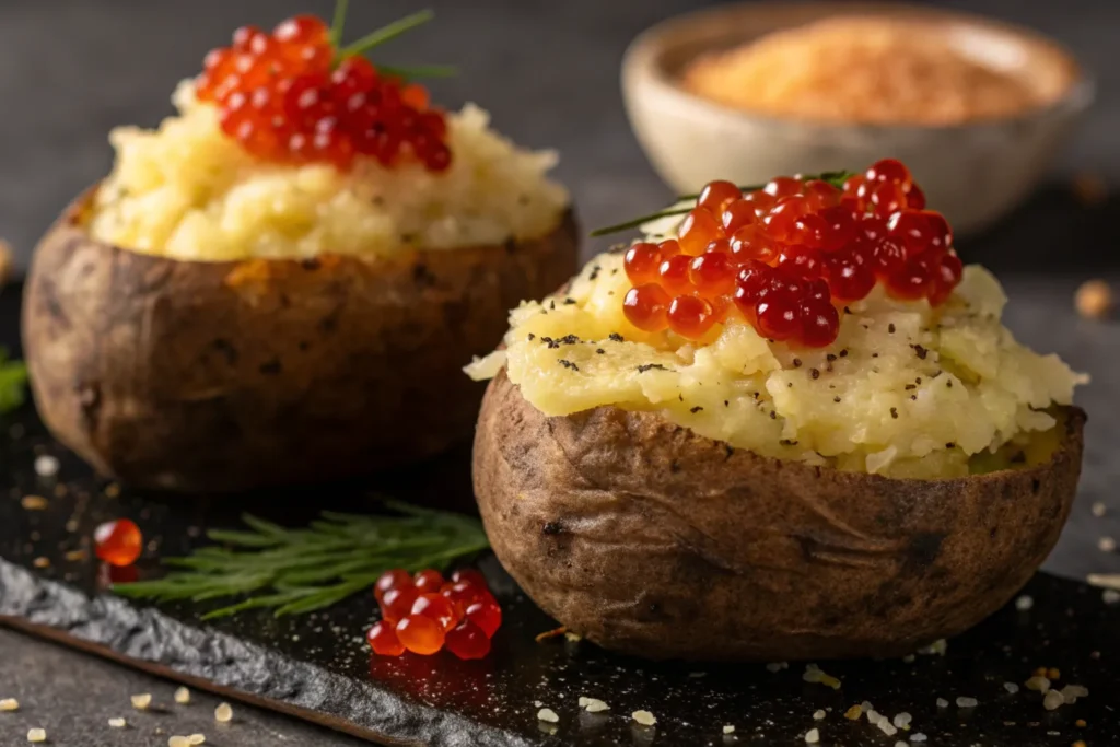 Gourmet baked potatoes topped with crème fraîche, salmon roe, and fresh chives, served on a white plate for an elegant seafood appetizer presentation.