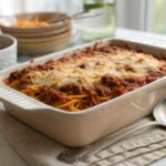 Golden-brown spaghetti casserole in a rustic baking dish garnished with fresh parsley.