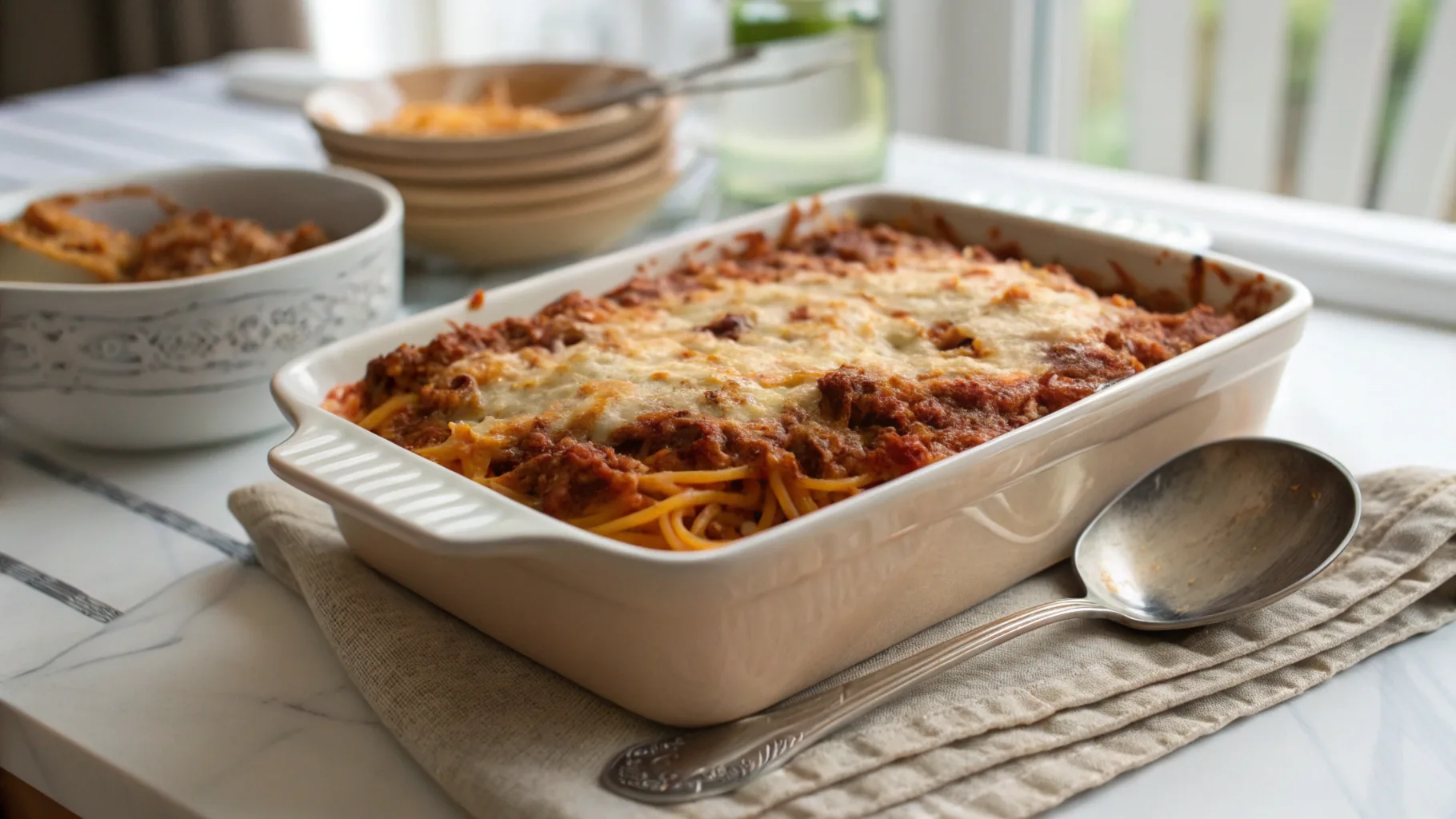 Golden-brown spaghetti casserole in a rustic baking dish garnished with fresh parsley.