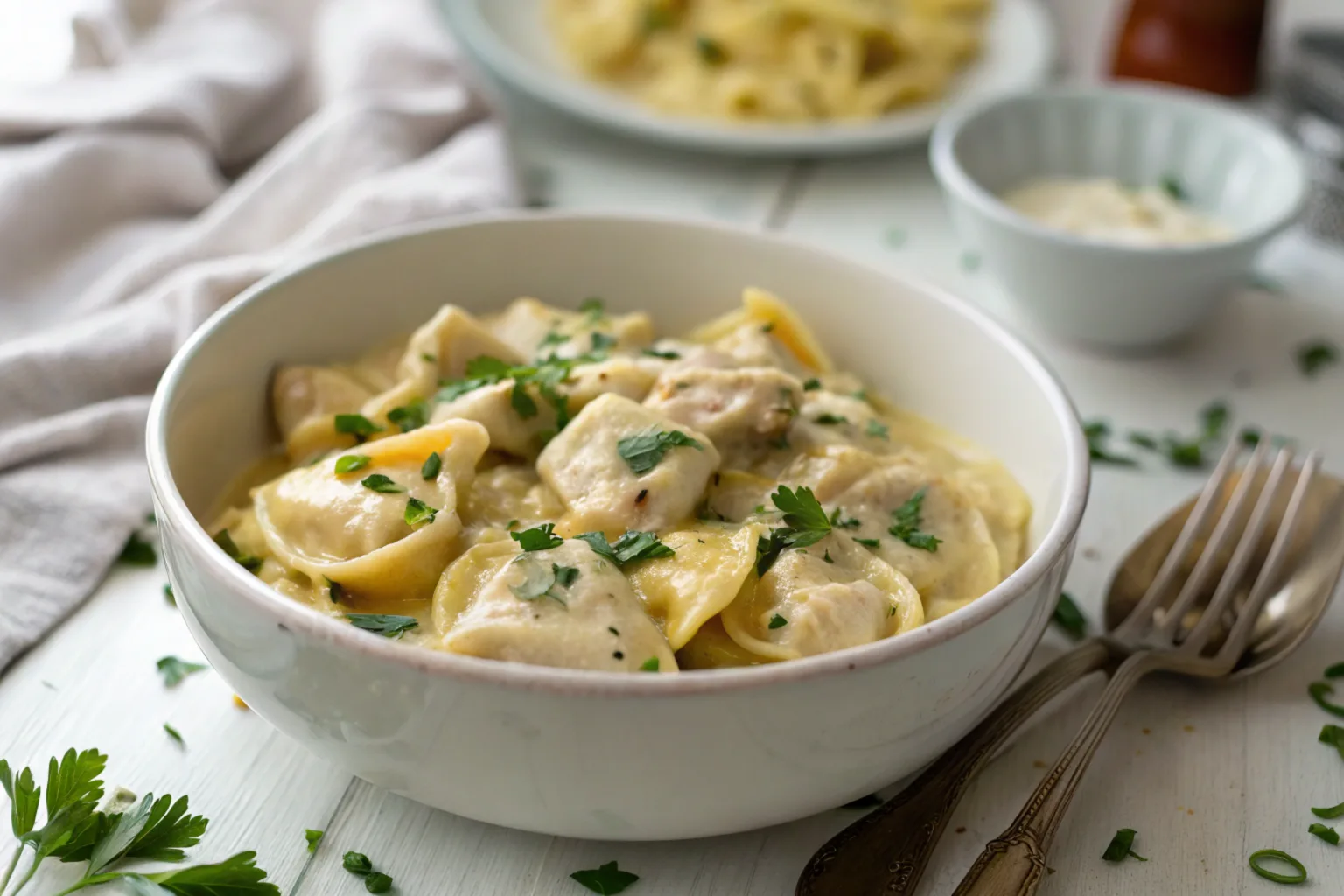 Creamy chicken tortellini alfredo garnished with parsley on a white plate.