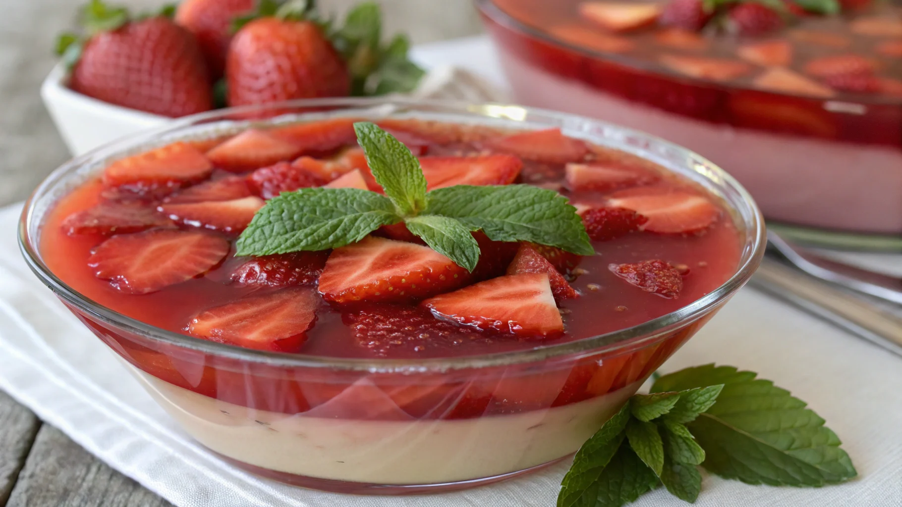 Strawberry gelatin dessert with fresh strawberries