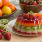 Creative layered fruit gelatine dessert in glasses.