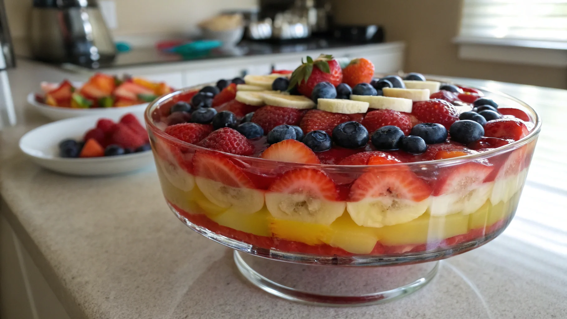 Colorful gelatin dessert with safe fruits like strawberries and bananas.