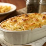 Baked mac and cheese with Velveeta, golden and creamy.