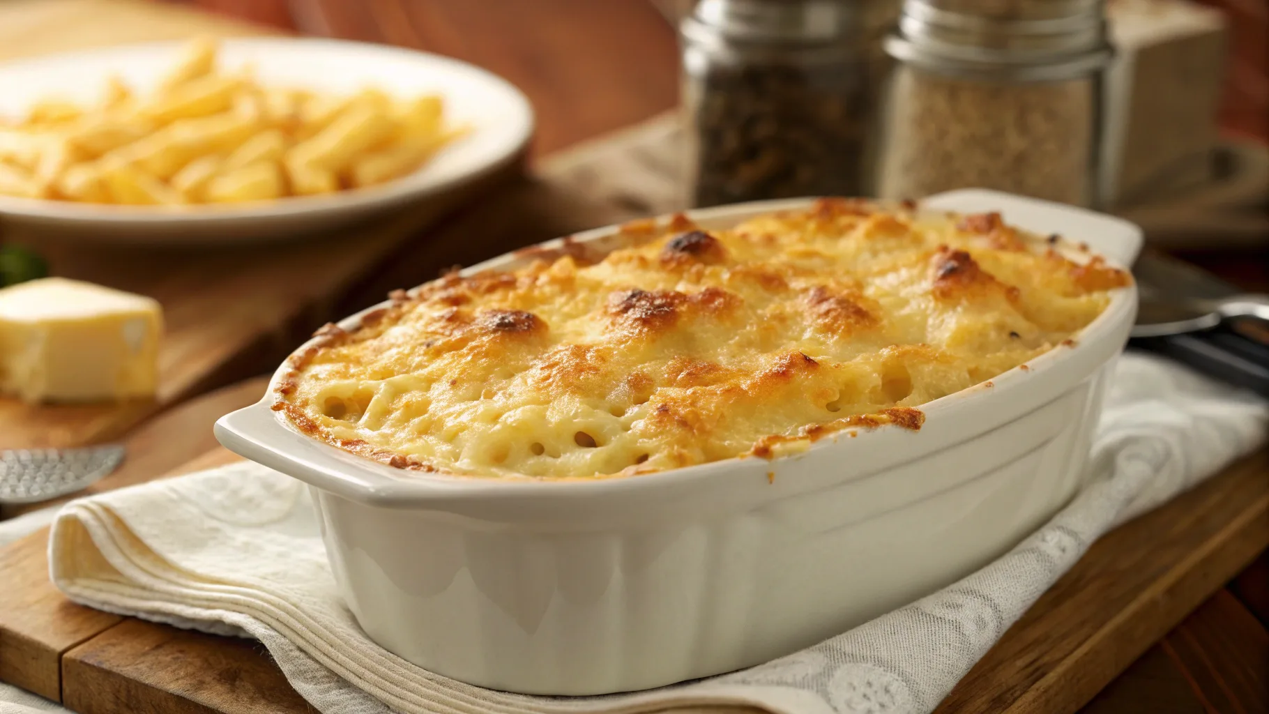 Baked mac and cheese with Velveeta, golden and creamy.