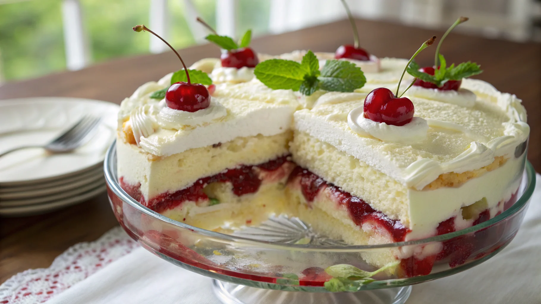 Close-up of Heaven on Earth Cake with layers of angel food cake, pudding, and cherry pie filling