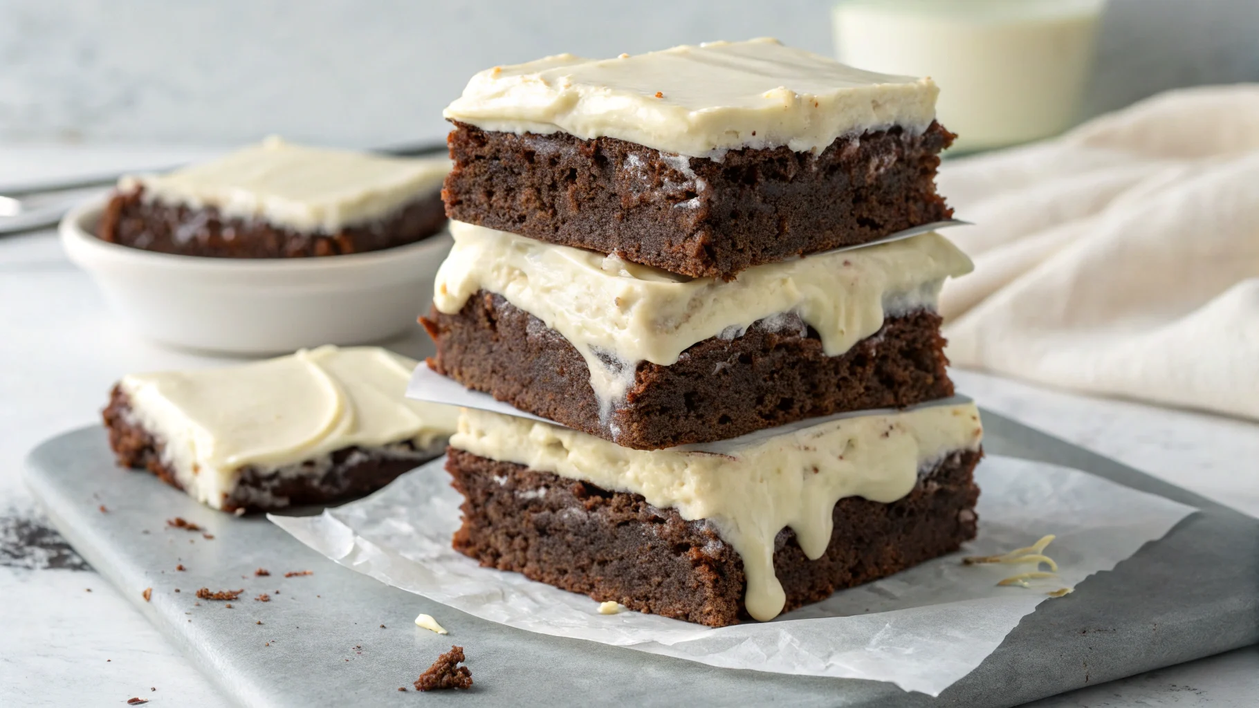 Fudgy brownies with cream cheese frosting topped with chocolate shavings.