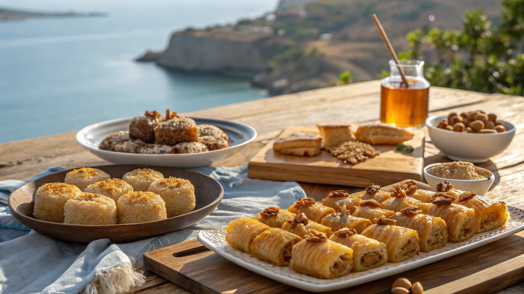 A table of traditional Greek desserts like baklava and loukoumades.