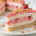 A stunning strawberry cheesecake crunch cake with vibrant red strawberry topping, creamy cheesecake layers, and a golden cookie crunch base displayed on a rustic wooden table.