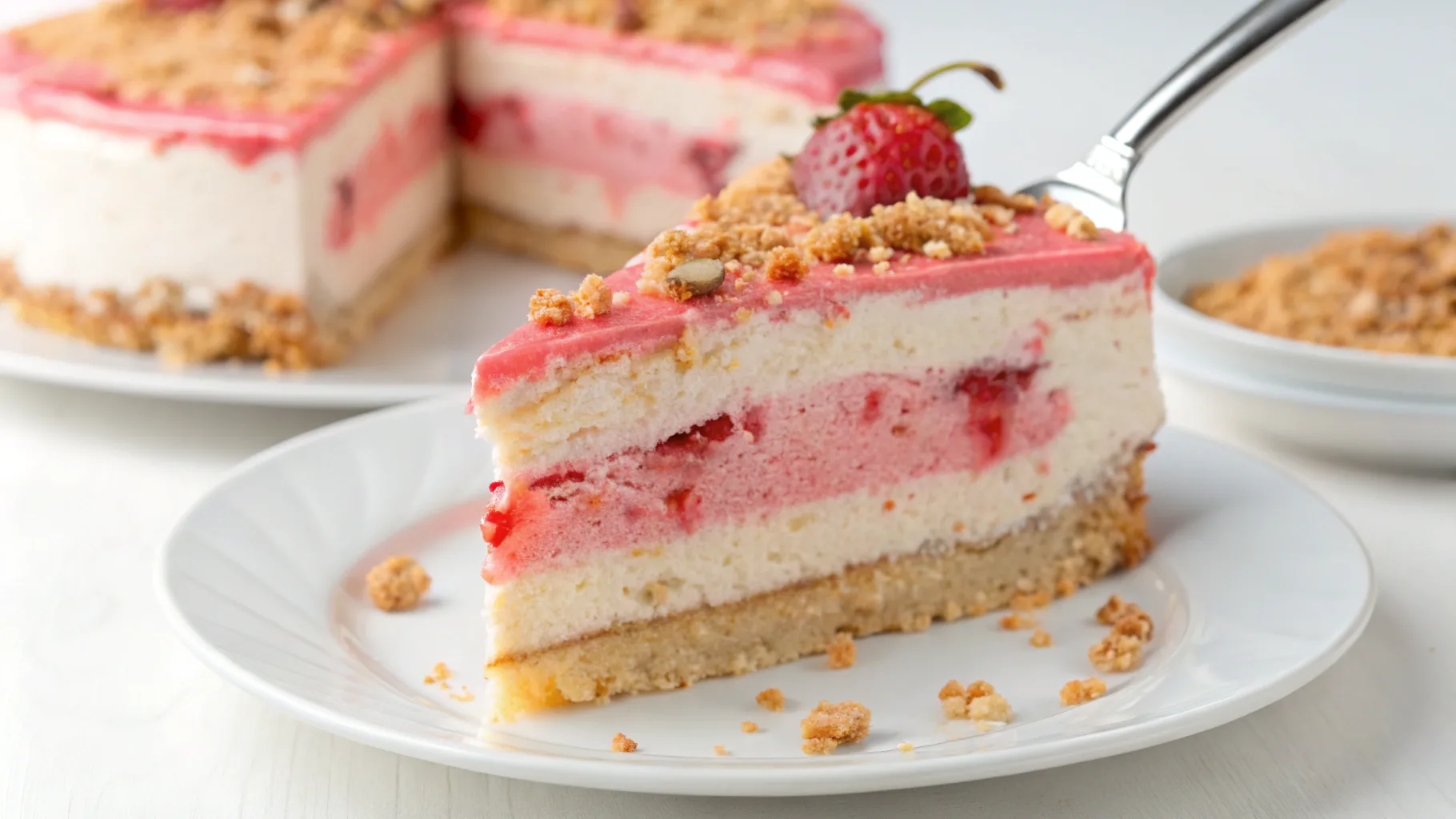 A stunning strawberry cheesecake crunch cake with vibrant red strawberry topping, creamy cheesecake layers, and a golden cookie crunch base displayed on a rustic wooden table.