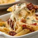 Plate of chicken Alfredo pasta garnished with parsley and served with garlic bread on the side.