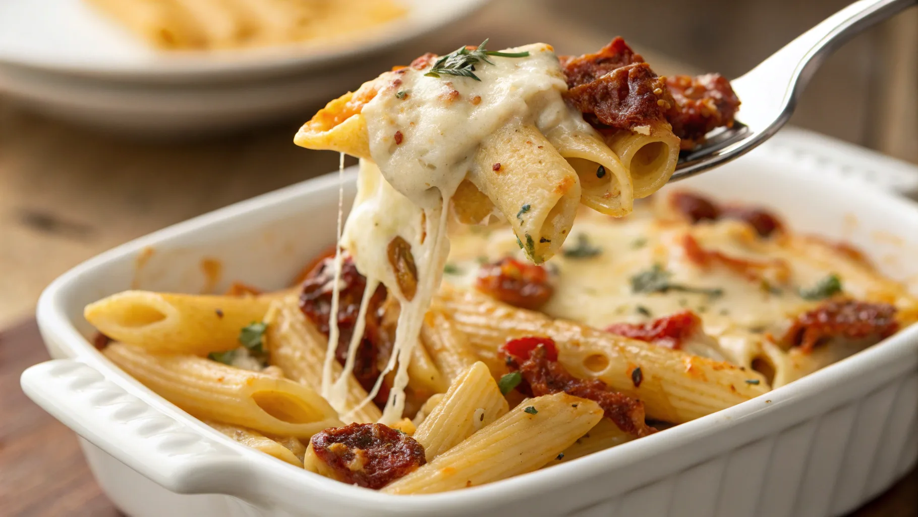 Plate of chicken Alfredo pasta garnished with parsley and served with garlic bread on the side.