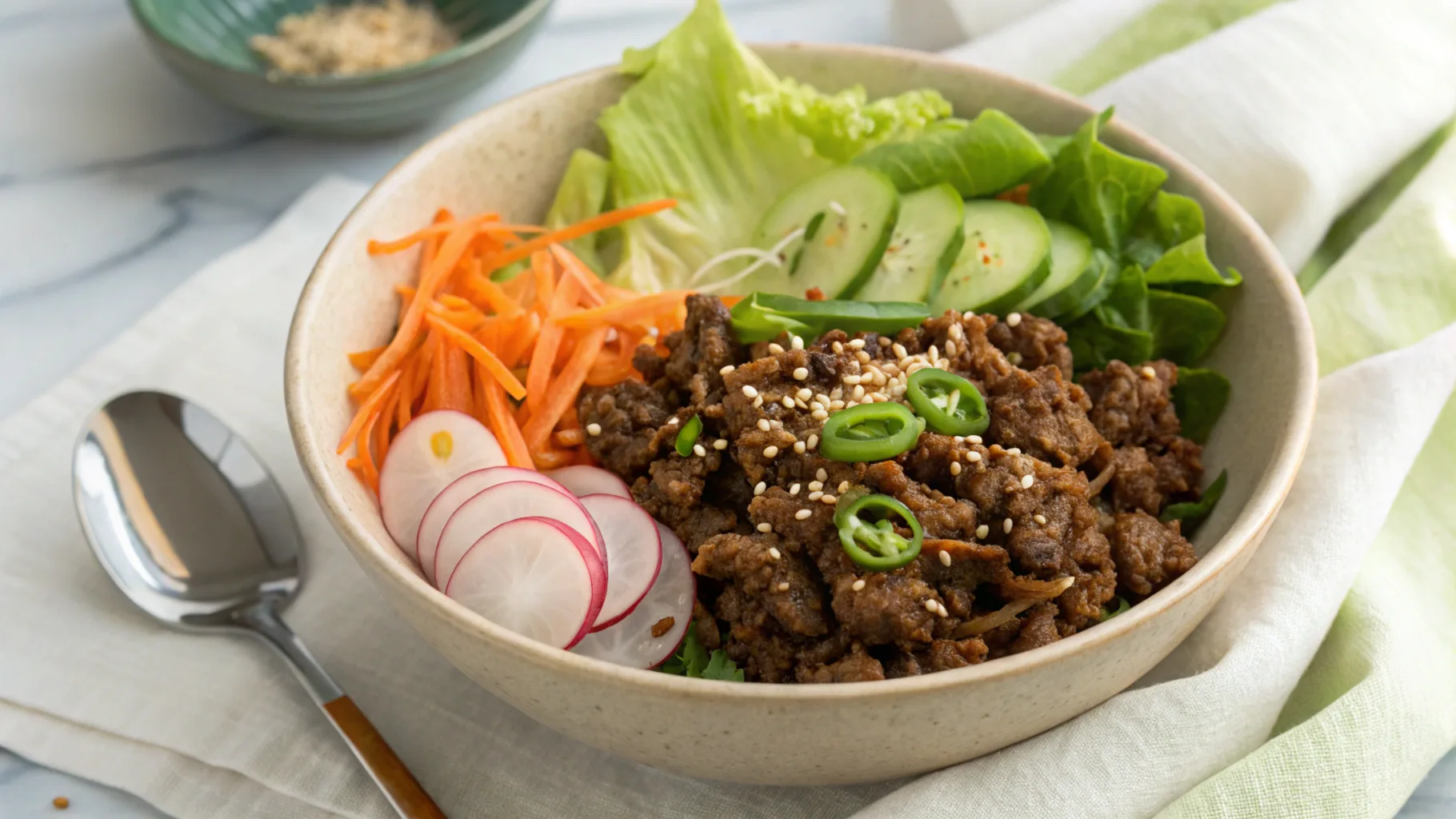 Ground beef bulgogi served with rice and sesame seeds