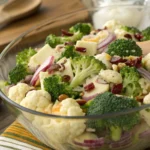 Fresh chopped broccoli and cauliflower florets in a mixing bowl.