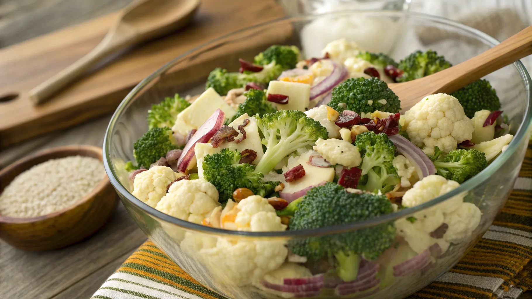 Fresh chopped broccoli and cauliflower florets in a mixing bowl.