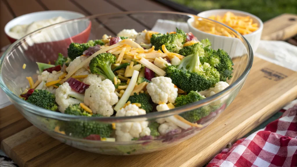 Finished broccoli cauliflower salad garnished with bacon and nuts.