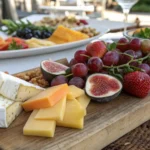 Beautiful fruit and cheese platter with Brie, cheddar, and fresh fruits.