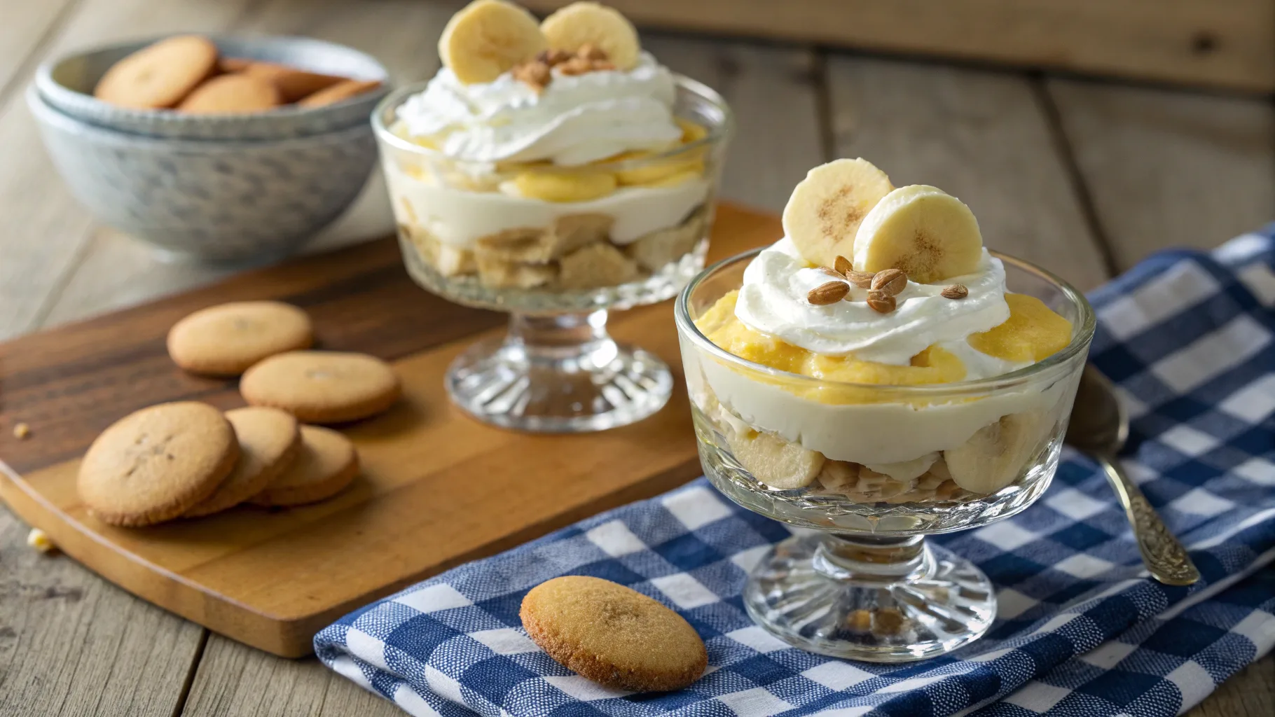 Ingredients for a simple banana pudding recipe, including bananas, vanilla wafers, milk, and pudding mix.