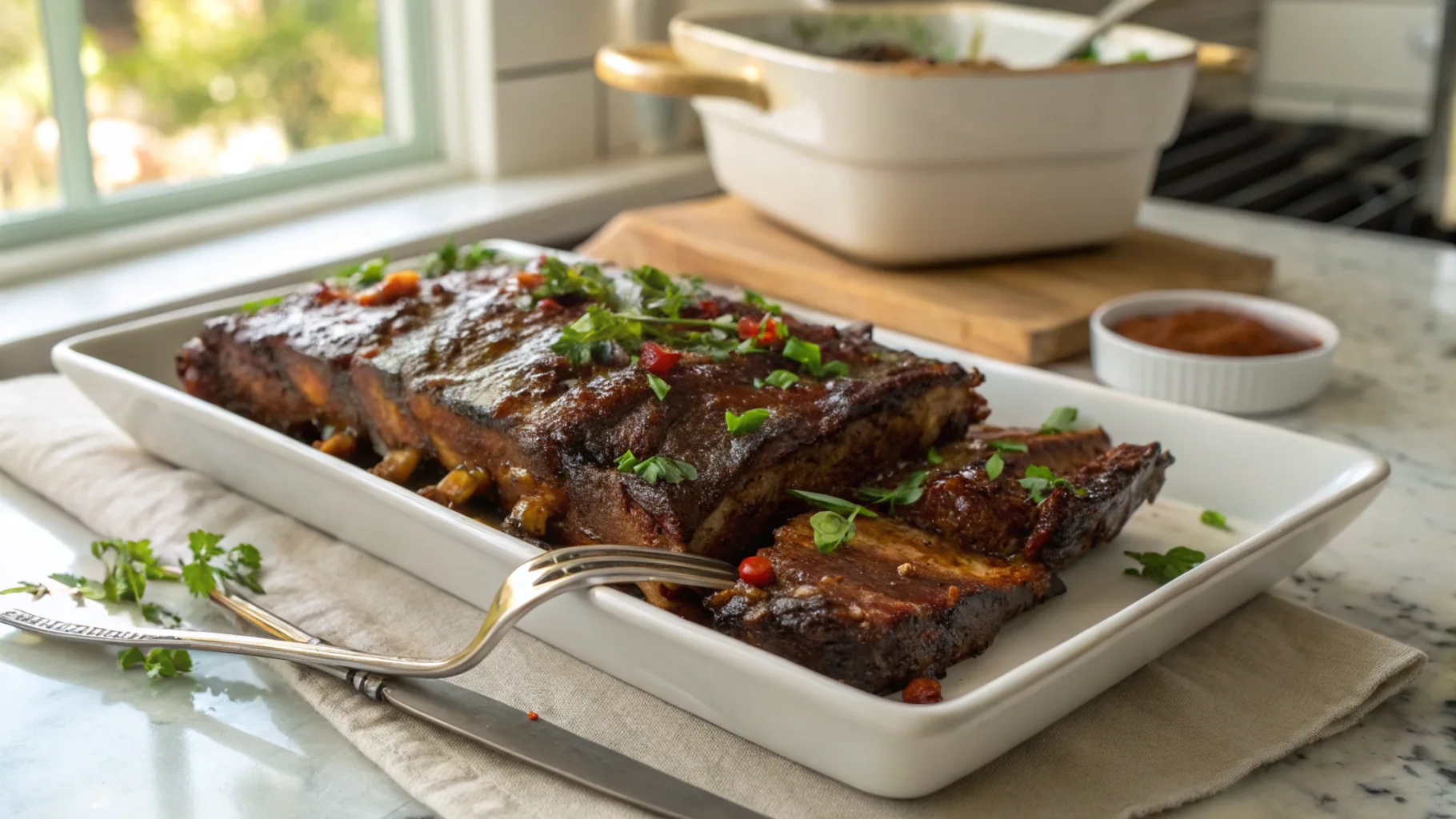 Seasoned beef back ribs on a baking sheet ready for the oven