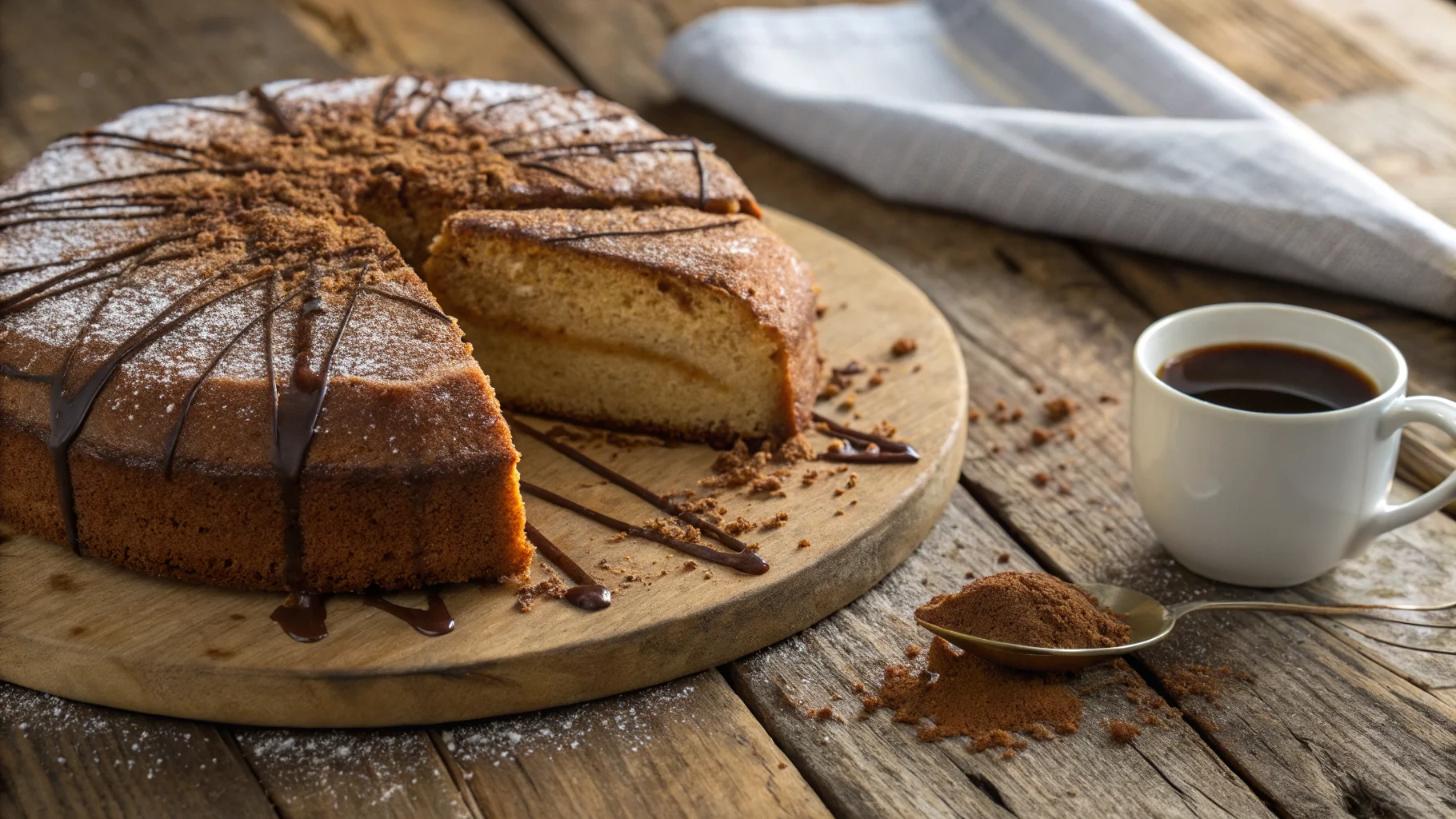 Freshly baked espresso cake with caramel drizzle