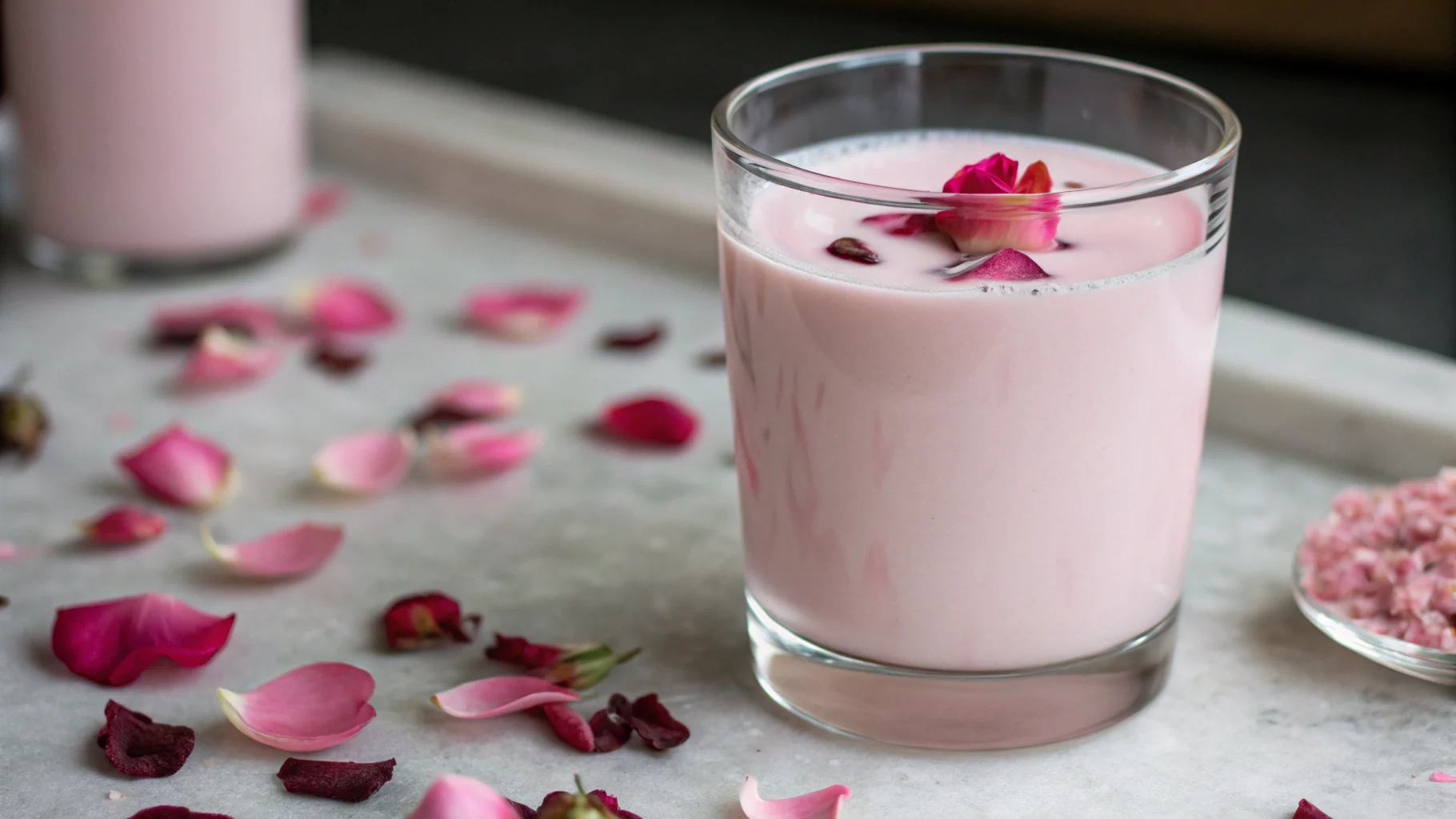 Rose milk boba drink with tapioca pearls.