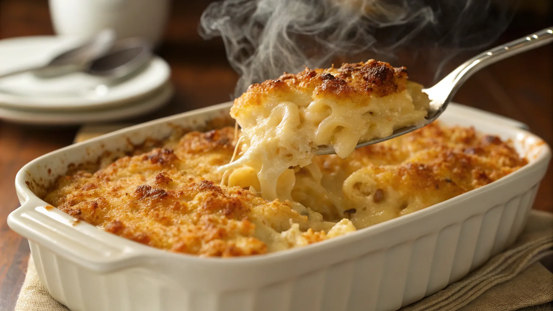 Baked macaroni and cheese with a crispy golden topping.