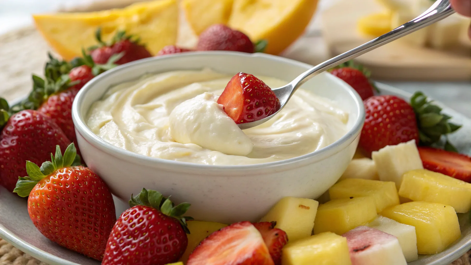 Healthy cream cheese fruit dip with fresh strawberries