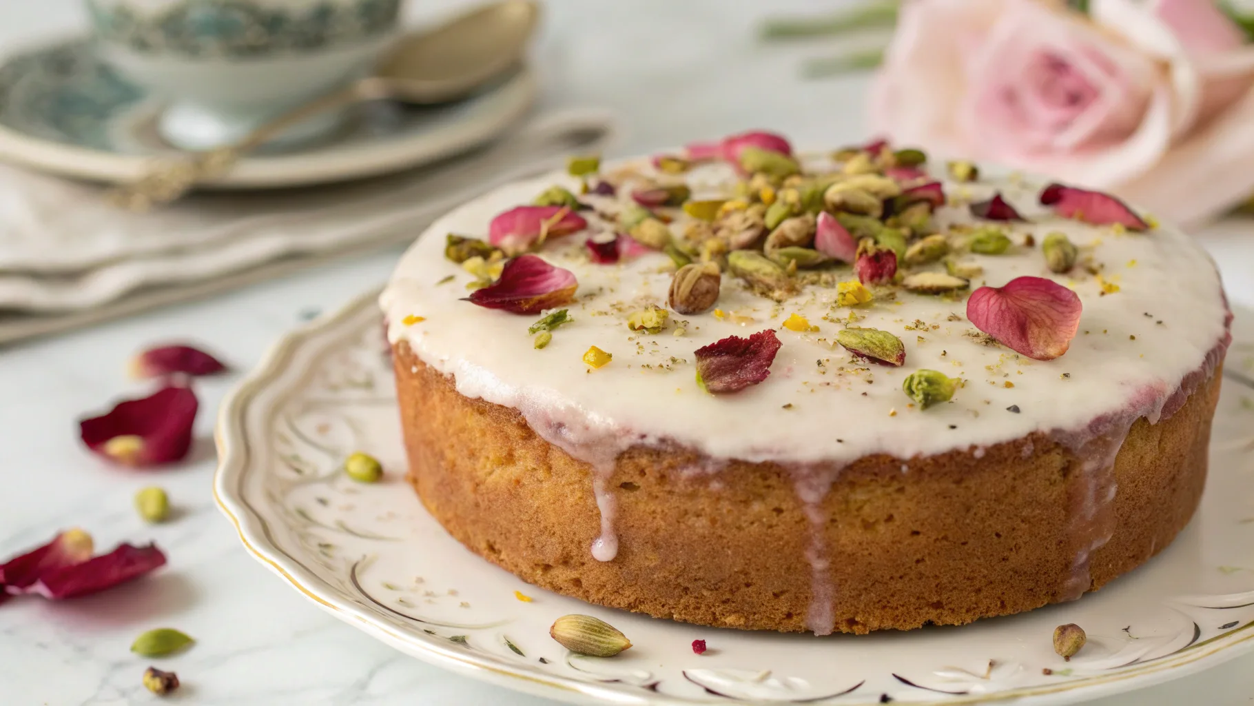 Delicious and Moist Rose Milk Cake with Rose Petals